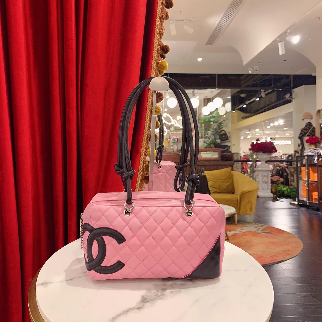 95新 Chanel/香奈儿 GGS康鹏枕头包粉拼黑银扣牛皮9开50572898