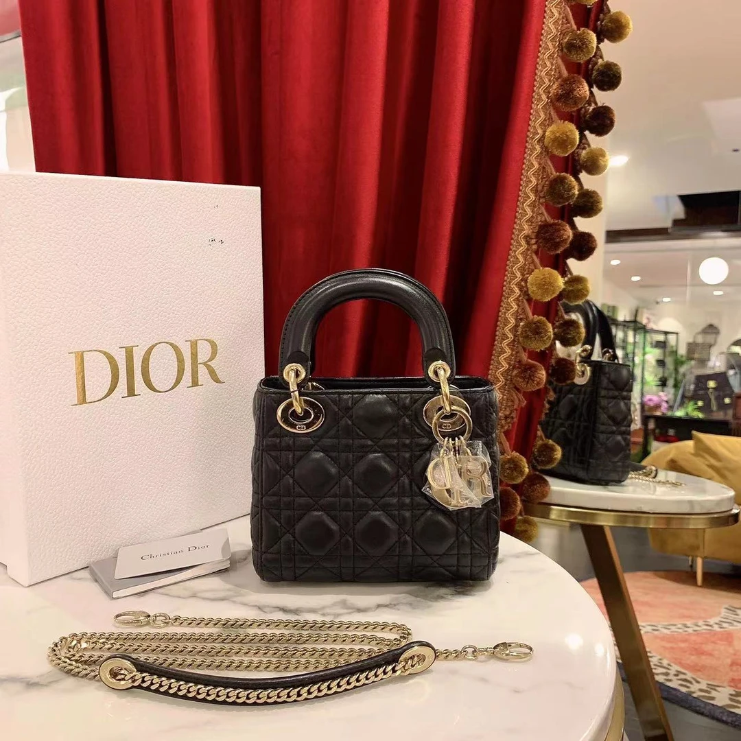 95新 DIOR/迪奥 GGS迪奥戴妃三格黑金羊皮手提包/49763952