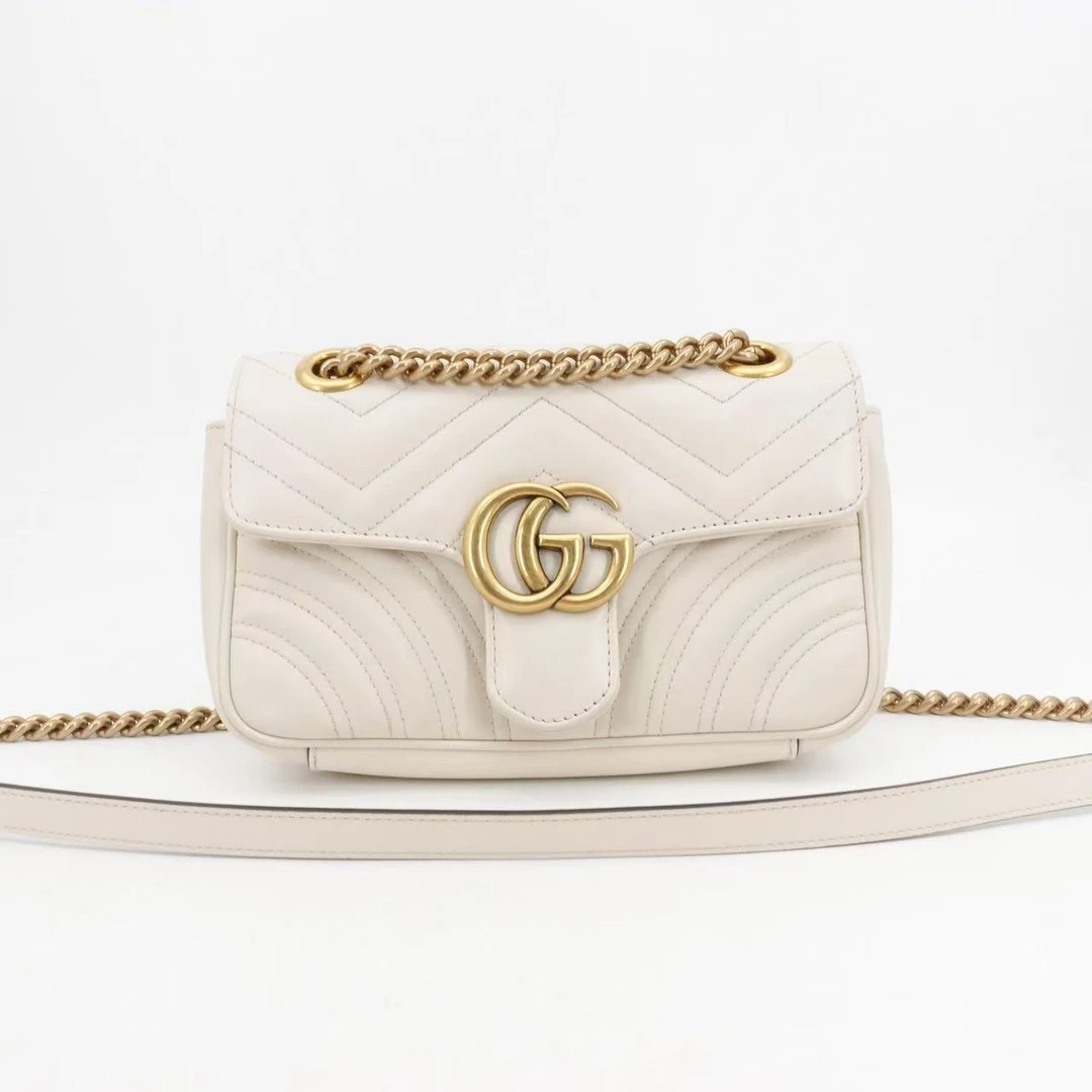 95新 GUCCI/古驰 GGS马蒙小号白色金扣牛皮单肩包99808632