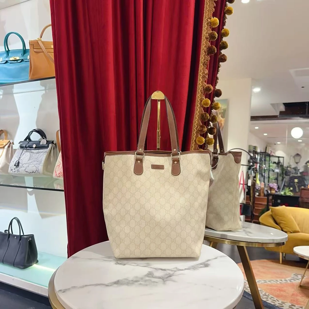 95新 GUCCI/古驰 GGS tote米色拼金扣手提包 38839556