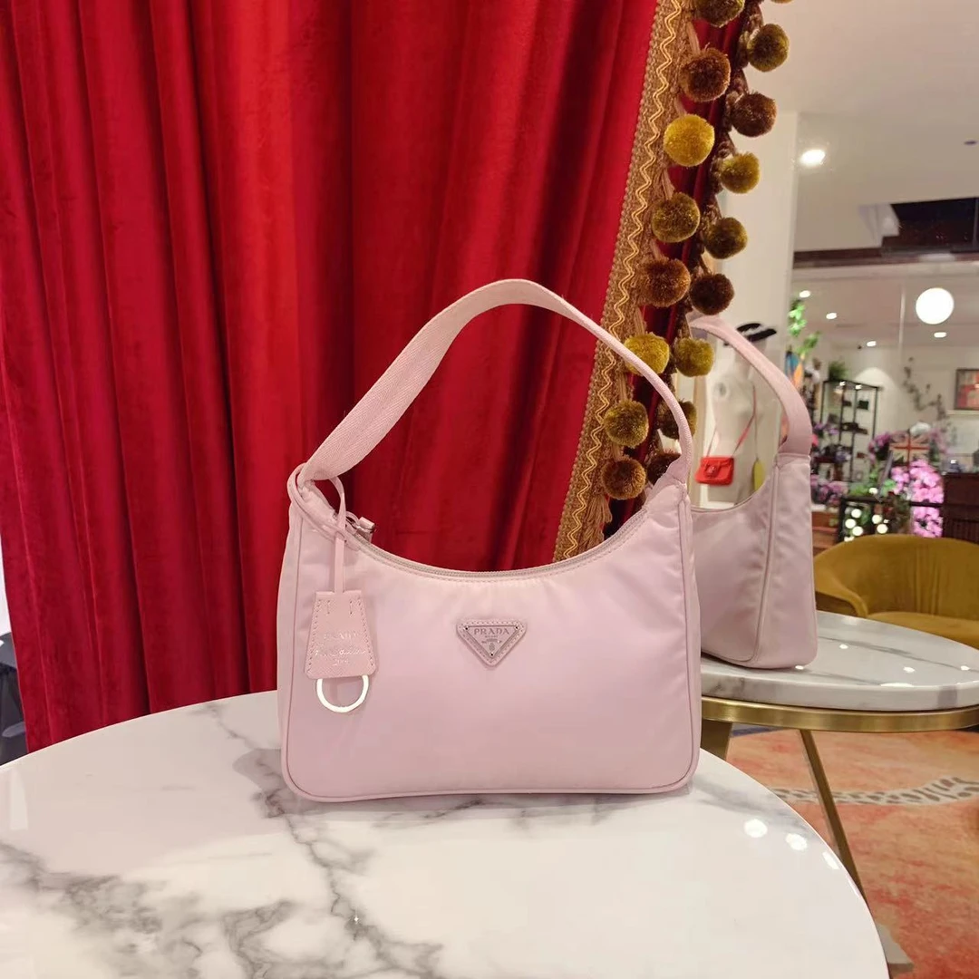 95新 Prada/普拉达 普拉达/GGS普拉达hobo2000粉色银扣尼龙腋下包