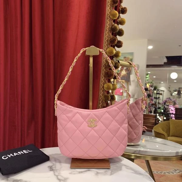 95新 Chanel/香奈儿 GGS香奈儿22k hobo小号粉色金扣羊皮芯片款/