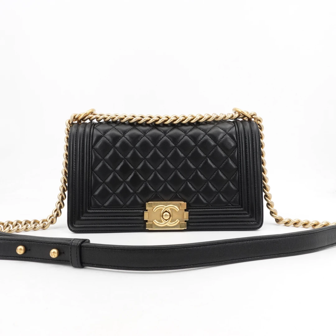 95新 Chanel/香奈儿 香奈儿leboy中号黑金羊皮单肩包2|61035578