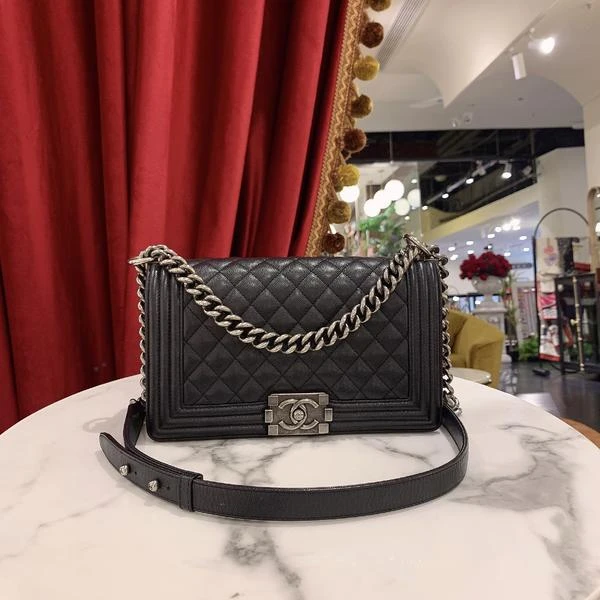 95新 Chanel/香奈儿 香奈儿/GGS香奈儿leboy中号黑银荔枝牛皮单肩