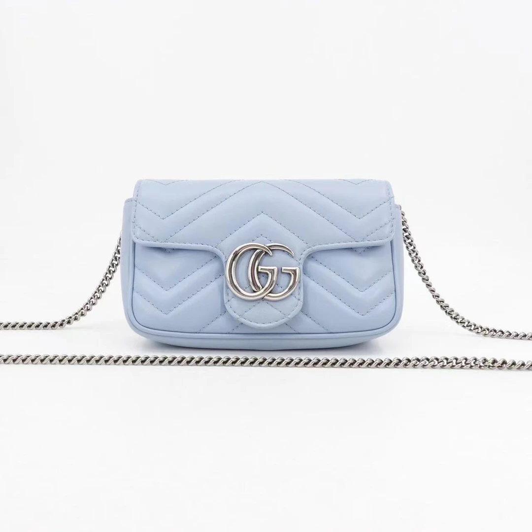 99新 GUCCI/古驰 古驰马蒙supermini蓝色银扣牛皮单肩包/47159556