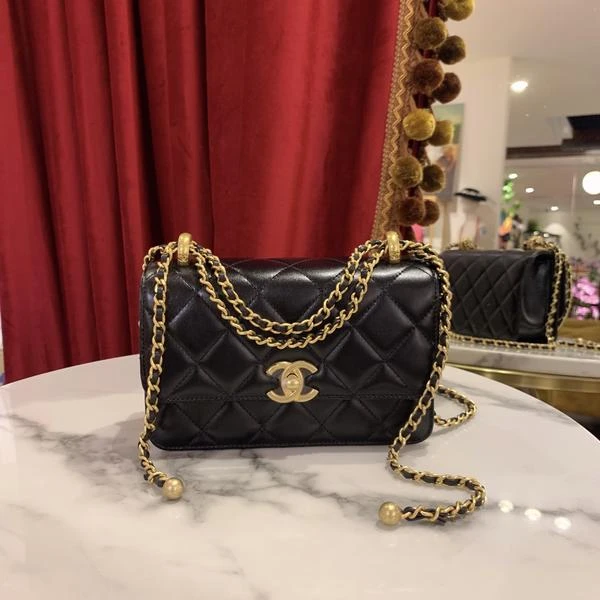 99新 Chanel/香奈儿 GGS24c双金珠19黑金牛皮单肩包/82378331