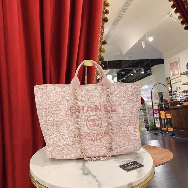 95新 Chanel/香奈儿 香奈儿/GGS香奈儿沙滩包大号粉色金扣帆布/单