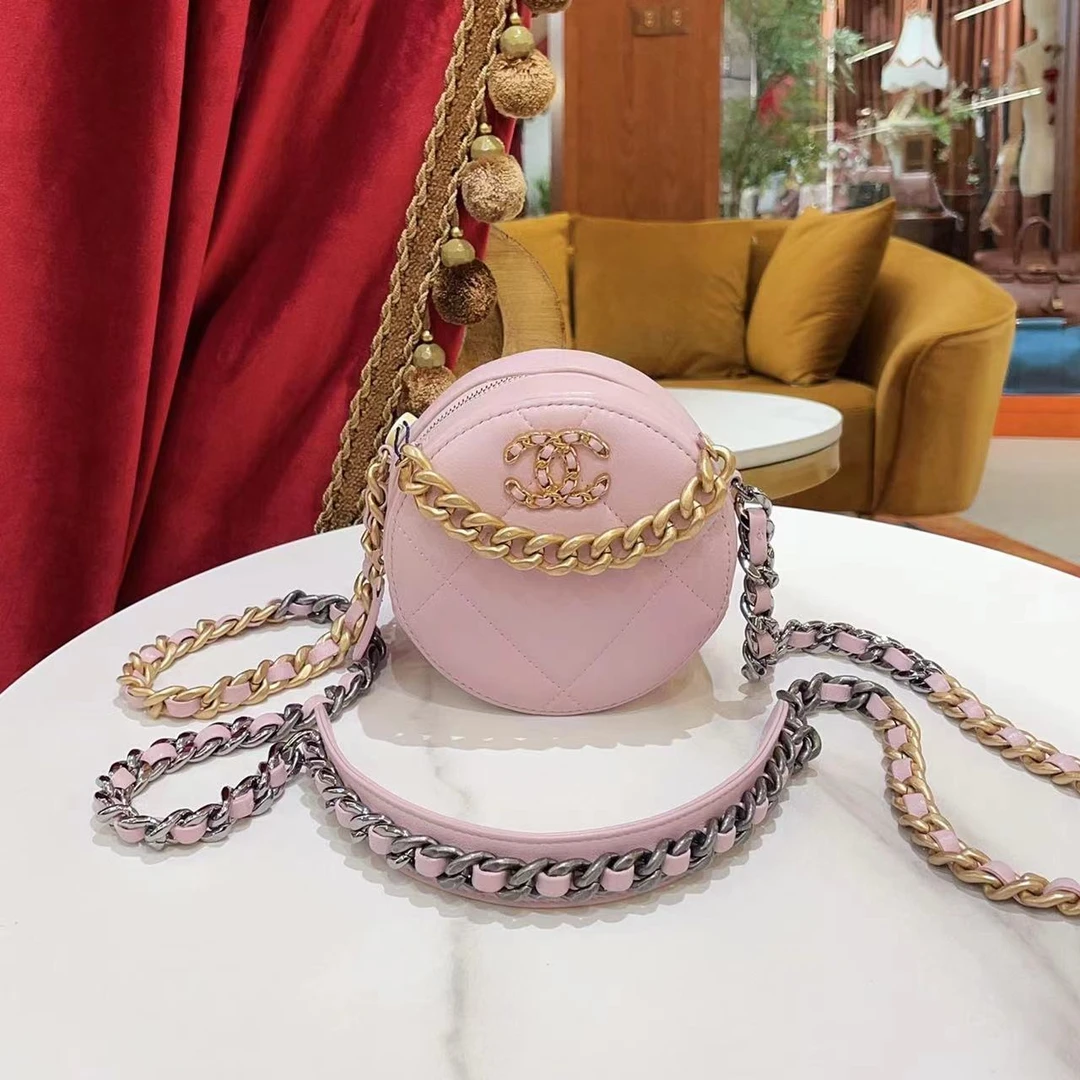 95新 Chanel/香奈儿 19bag圆饼紫色金扣羊皮单肩包/49675934