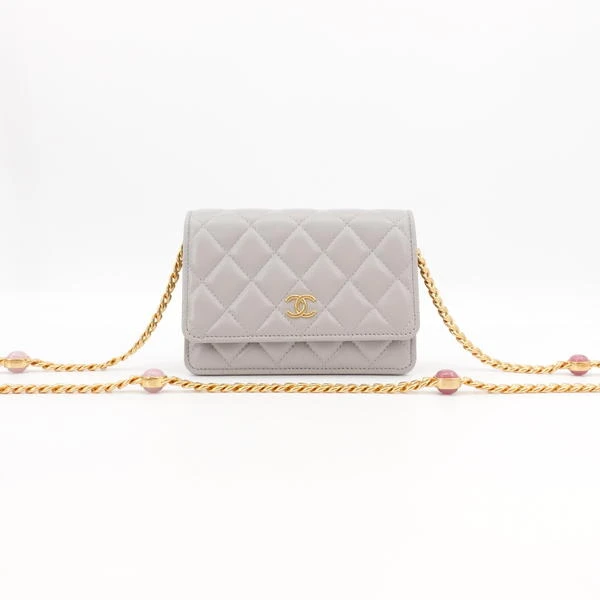 99新 Chanel/香奈儿 GGS香奈儿22b宝石链条mini woc灰金羊皮单肩