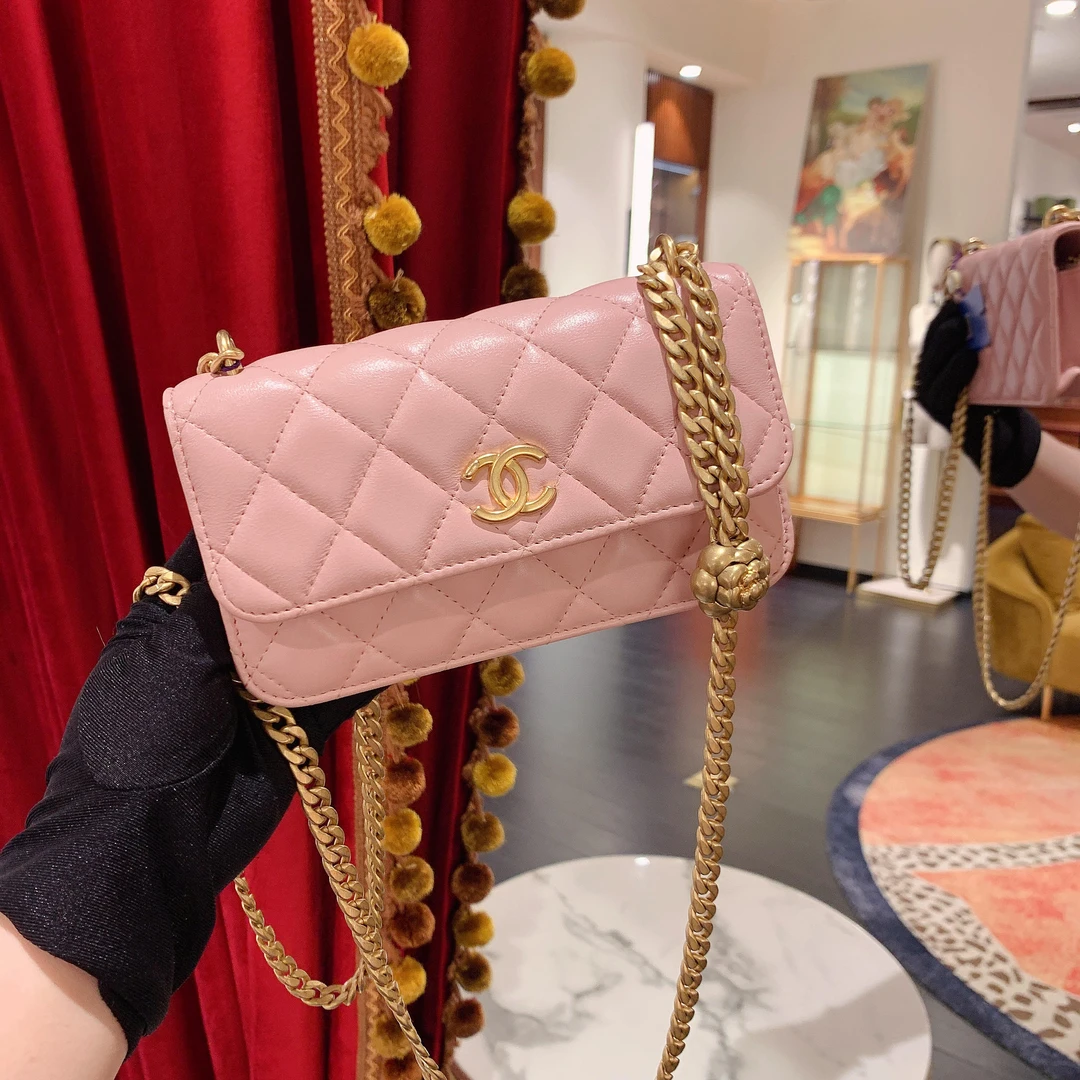99新 Chanel/香奈儿 GGS山茶花金球手机包粉色金扣芯片款17380645