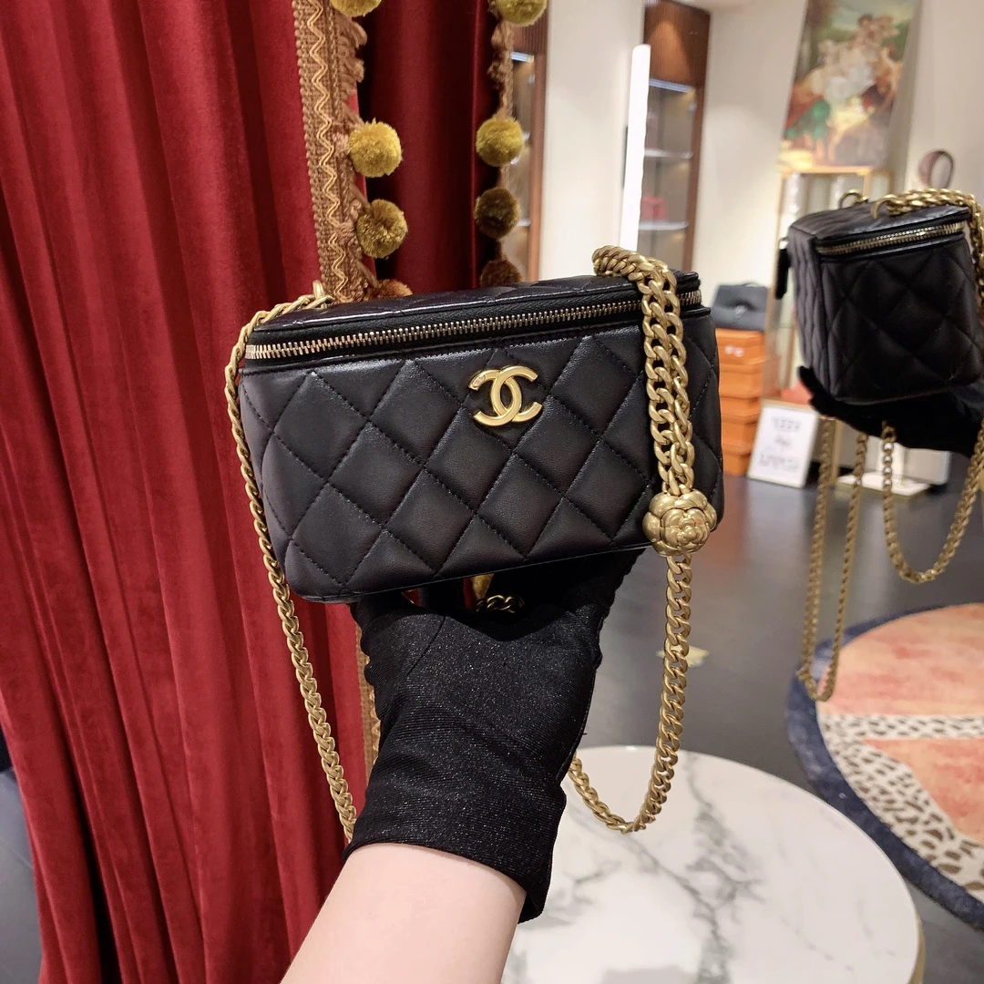95新 Chanel/香奈儿 GGS山茶花金球长盒子黑金羊皮芯片款15610468