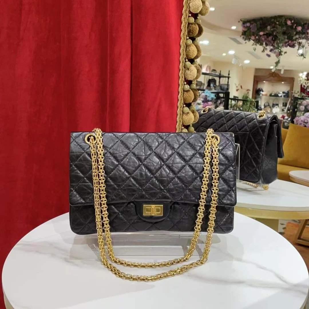95新 Chanel/香奈儿 香奈儿2.55中号黑金羊皮单肩包/94757667
