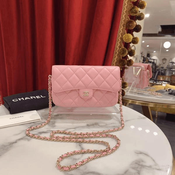 99新 Chanel/香奈儿 香奈儿/GGS香奈儿cf二合一手机包粉色金扣羊