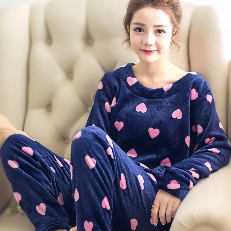 秋冬季睡衣女加绒加厚珊瑚绒2023新款法兰绒可外穿爱心家居服套装