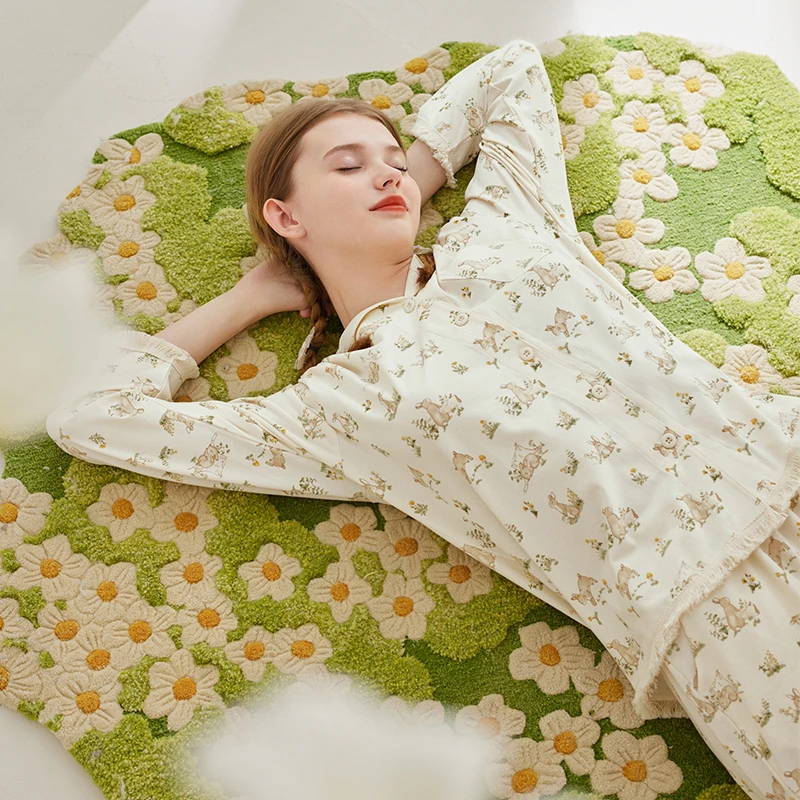 芬腾女士睡衣春秋季新款纯棉长袖开衫套装女款休闲大码全棉家居服