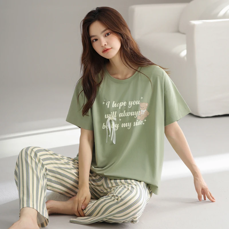 芬腾新款舒适夏季纯棉女款短袖长裤睡衣夏天薄款女全棉宽松家居服