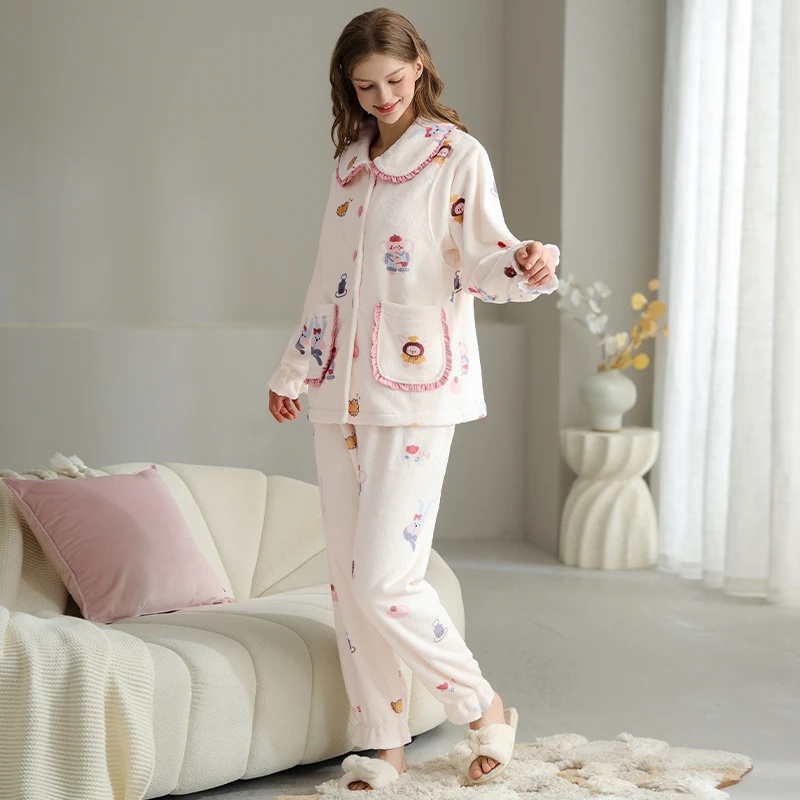 芬腾珊瑚绒月子服秋冬季加厚保暖孕妇睡衣产后哺乳喂奶家居服套装