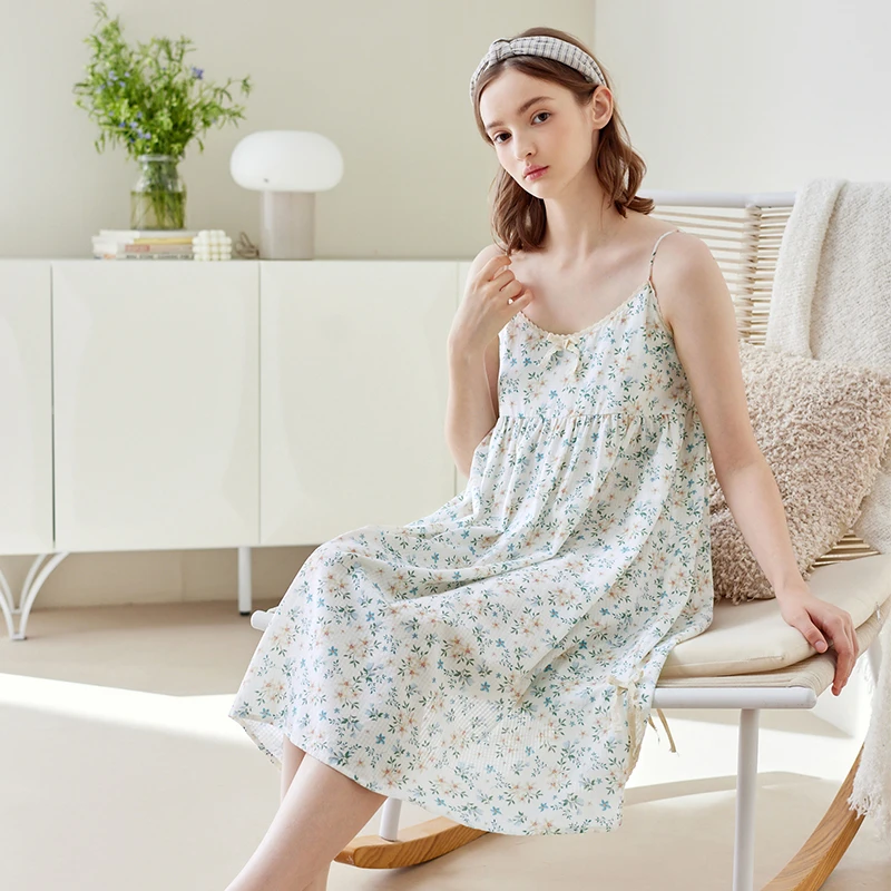 芬腾睡衣裙吊带睡裙女夏季薄款棉质碎花甜美宽松中裙家居服连衣裙