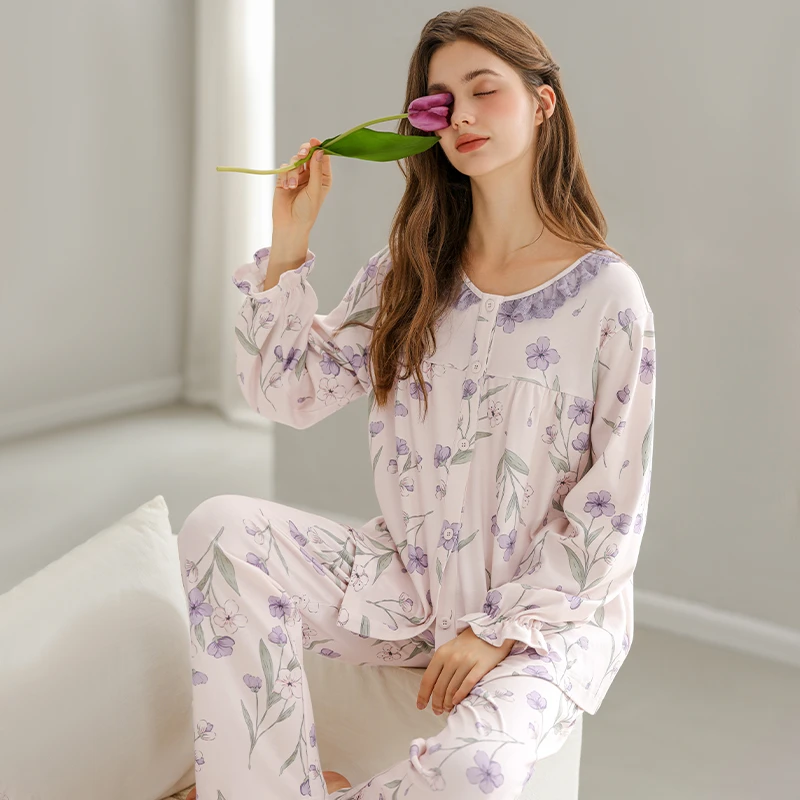 芬腾女士纯棉睡衣春秋长袖开衫套装新款宽松休闲加大码全棉家居服
