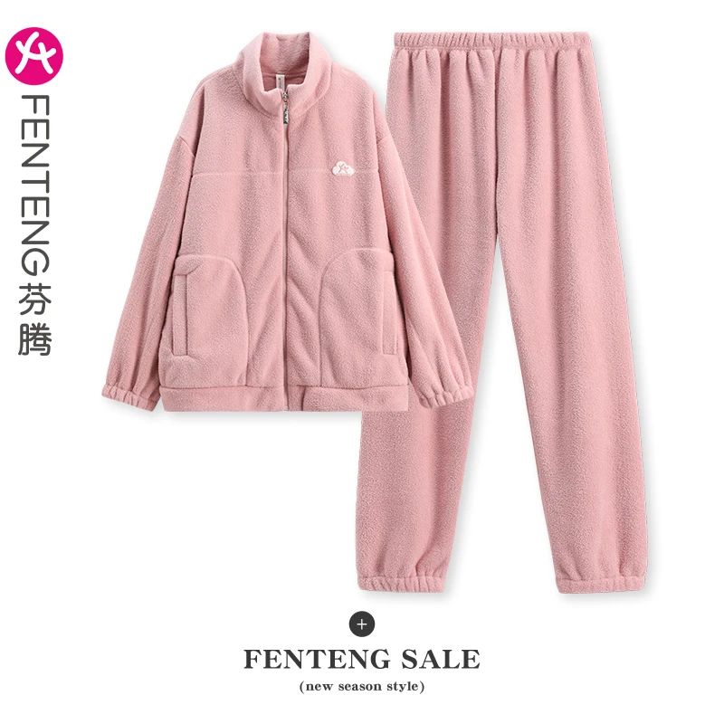 芬腾蓬蓬绒情侣睡衣女秋冬季保暖抗静电法兰绒男士大码家居服套装