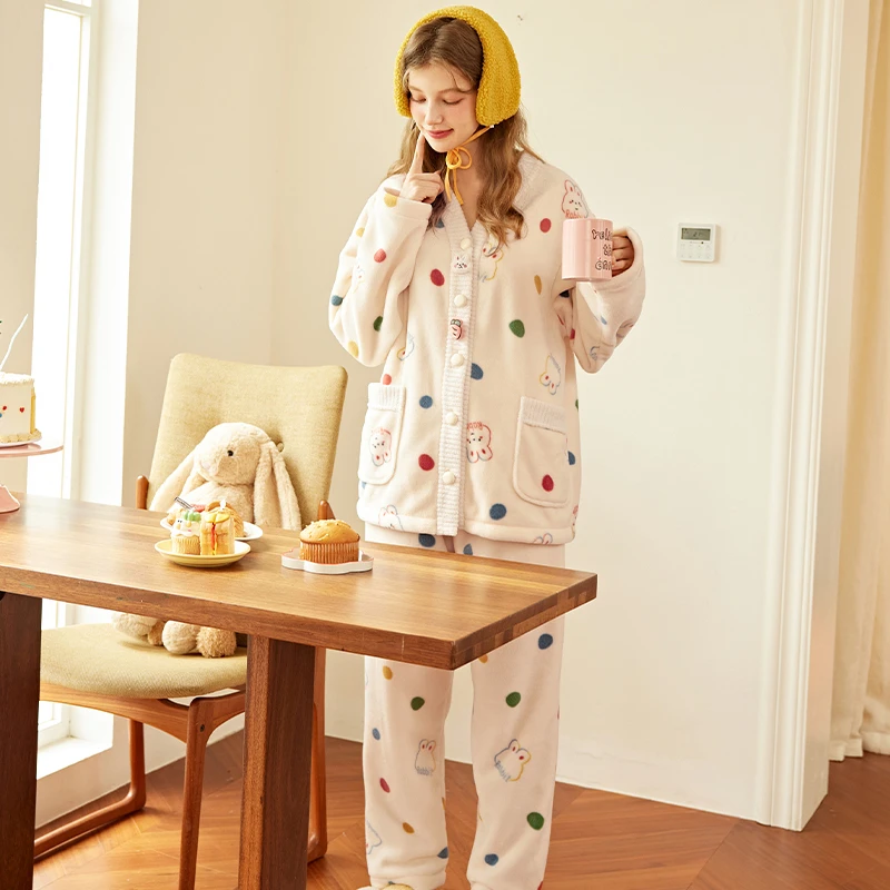 芬腾女士睡衣珊瑚绒秋冬季加绒加厚套装法兰绒可爱甜美休闲家居服