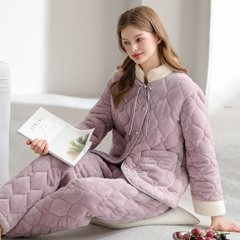 芬腾女士睡衣珊瑚绒冬季三层加厚夹棉套装新中式保暖抗静电家居服