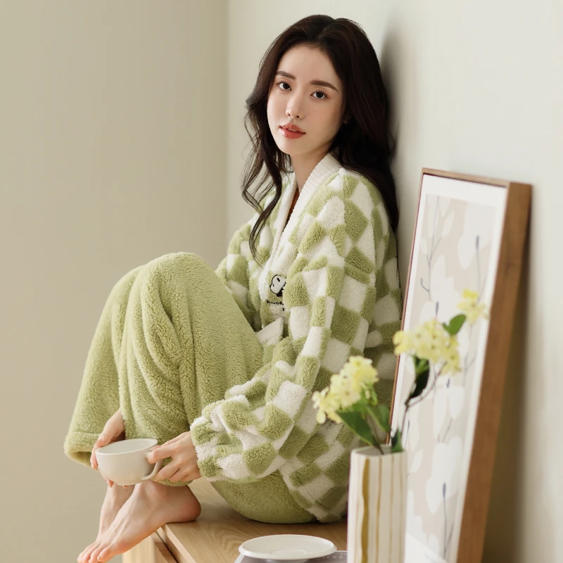 芬腾珊瑚绒睡衣女士V领开衫秋冬季法兰绒加绒加厚冬天家居服套装