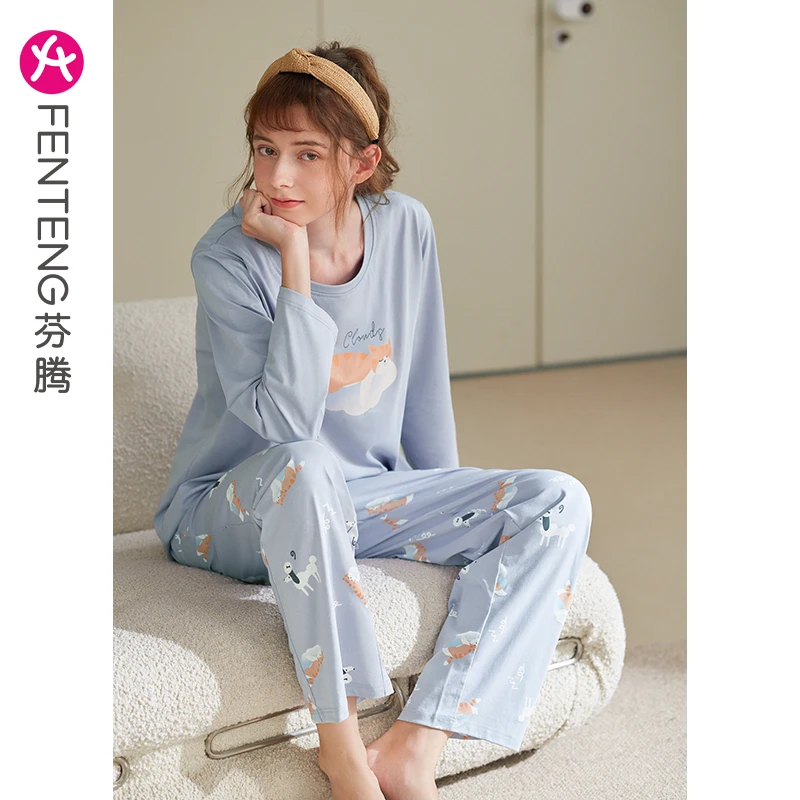 芬腾【带胸垫】睡衣女防凸点纯棉春秋长袖全棉卡通圆领套头家居服