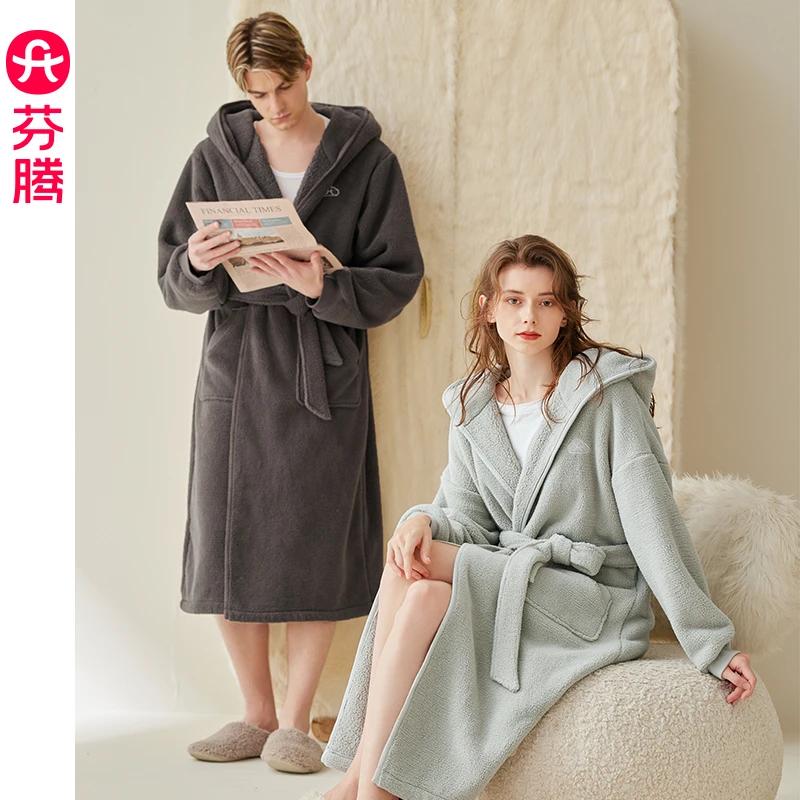 芬腾情侣蓬蓬绒睡袍女秋冬季保暖抗静电珊瑚绒连帽男士家居服浴袍