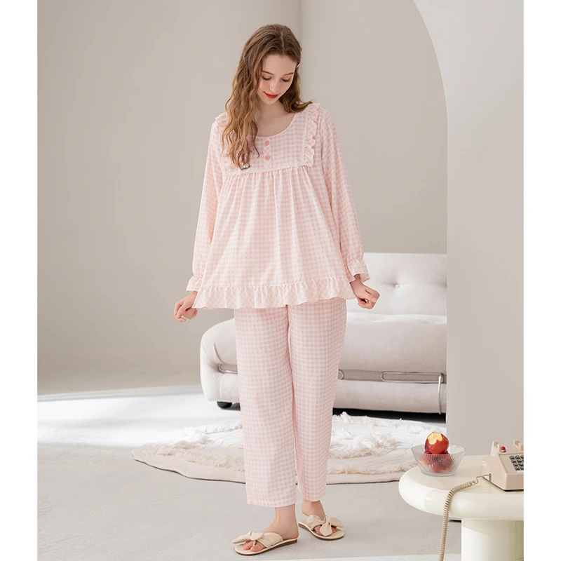 芬腾圆领套装女士睡衣春秋季新款梭织棉布长袖女款休闲套头家居服