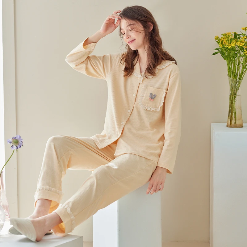 芬腾舒适睡衣女士开衫春秋季春夏休闲宽松大码女生全棉家居服套装