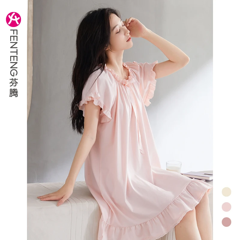 芬腾睡裙女夏纯棉甜美圆领套头家居服全棉白色短袖中裙换季春夏款