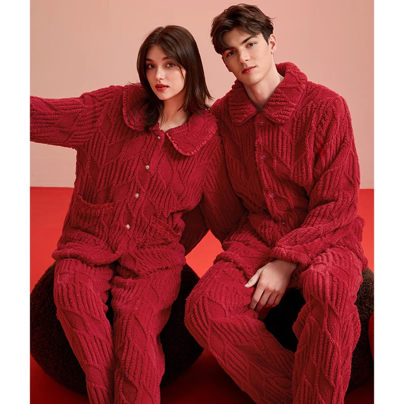 芬腾【新年战袍】红色情侣睡衣秋冬季珊瑚绒加厚套装结婚男女家居服