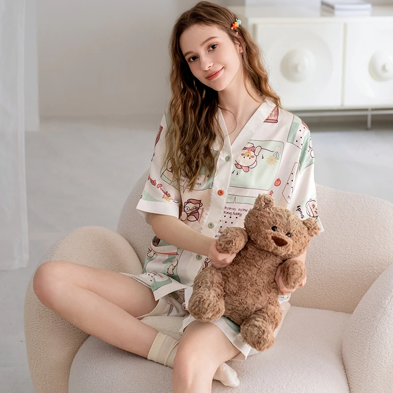 芬腾女士睡衣夏季冰丝薄款V领短袖女款卡通加大码开衫家居服套装