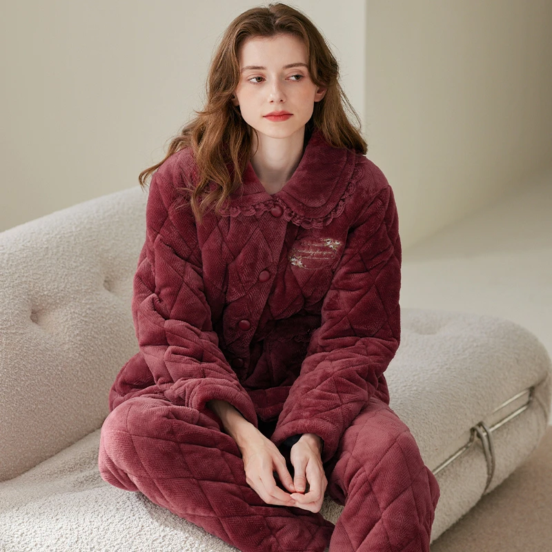 芬腾珊瑚绒睡衣女冬季保暖抗静电三层夹棉法兰绒本命年家居服套装