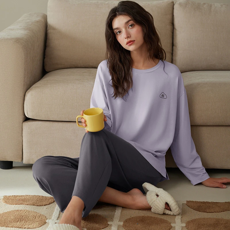 芬腾睡衣女士莫代尔棉春秋季长袖套头套装抗菌宽松秋款大码家居服