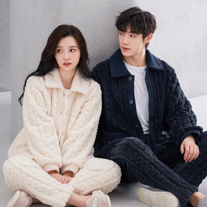芬腾珊瑚绒睡衣冬秋冬情侣款超加厚加绒保暖套装冬天泡泡绒家居服