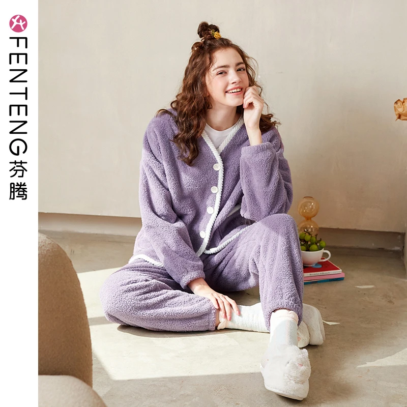 芬腾【双面速暖绒】睡衣女秋冬长袖开衫V领女士家居服保暖套装秋