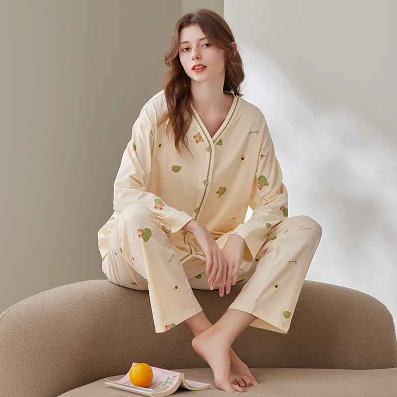 芬腾睡衣女士长袖纯棉春秋季V领开衫可爱清新大码全棉家居服套装
