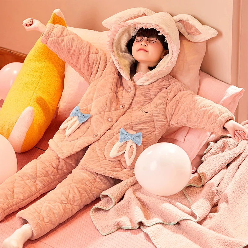 珊瑚绒夹棉儿童睡衣女童装冬季加厚保暖三层法兰绒棉袄家居服套装