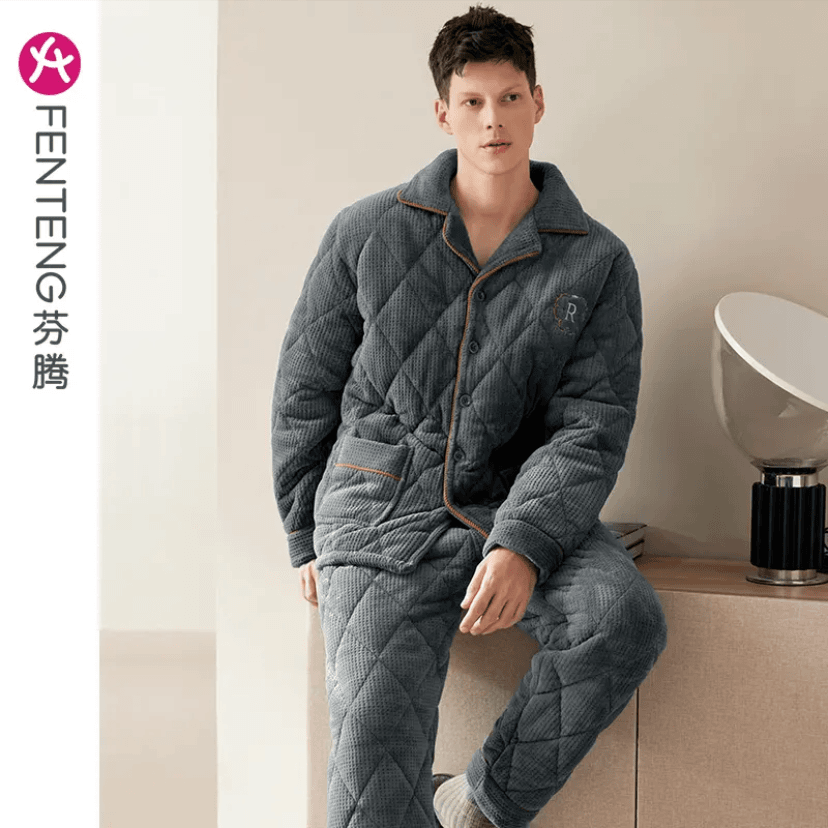 芬腾三层夹棉睡衣男款冬季加绒加厚珊瑚绒男士家居服冬天棉衣套装