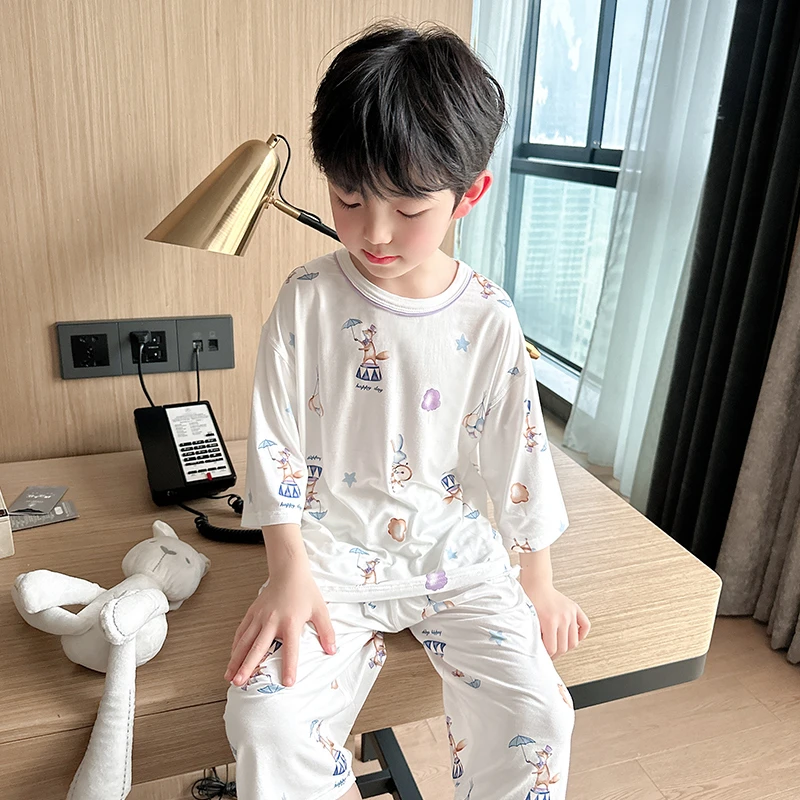 芬腾男童睡衣夏季薄款纯棉七分袖套装中大儿童圆领男孩卡通家居服