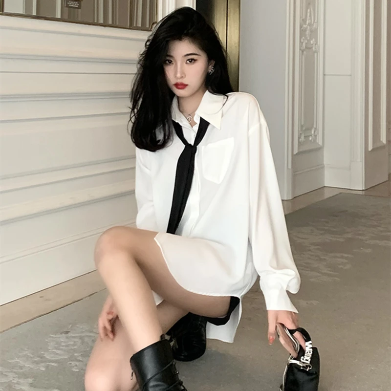 2025春夏季新款学院风领带宽松白衬衣女高级感别致中长款衬衫上衣