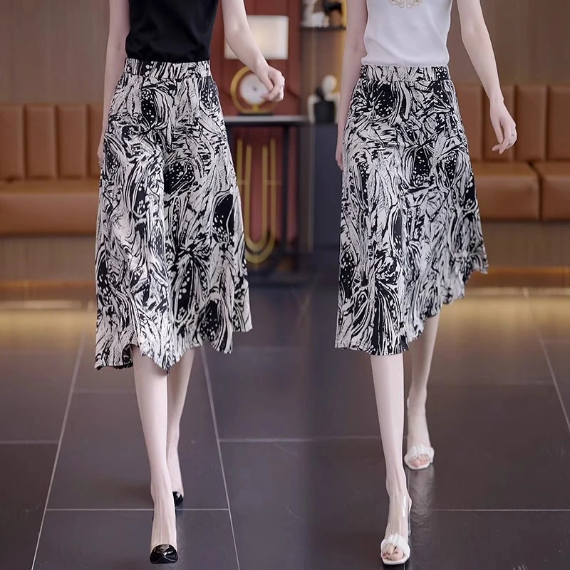 印花半身裙女中长款2025春夏新款高腰气质a字裙百搭显瘦遮胯伞裙