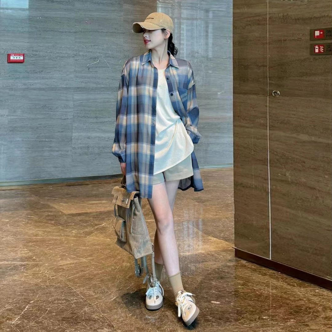宽松格子防晒衬衫女夏季中长款美式复古衬衣外套女小众长袖上衣女