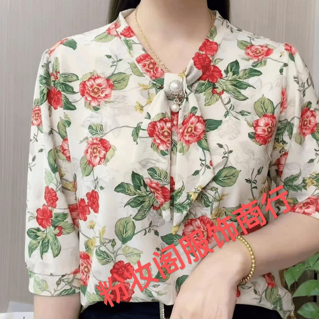 时尚妈妈装夏季新款蝴蝶结中袖百搭款小衫33号色牡丹花款