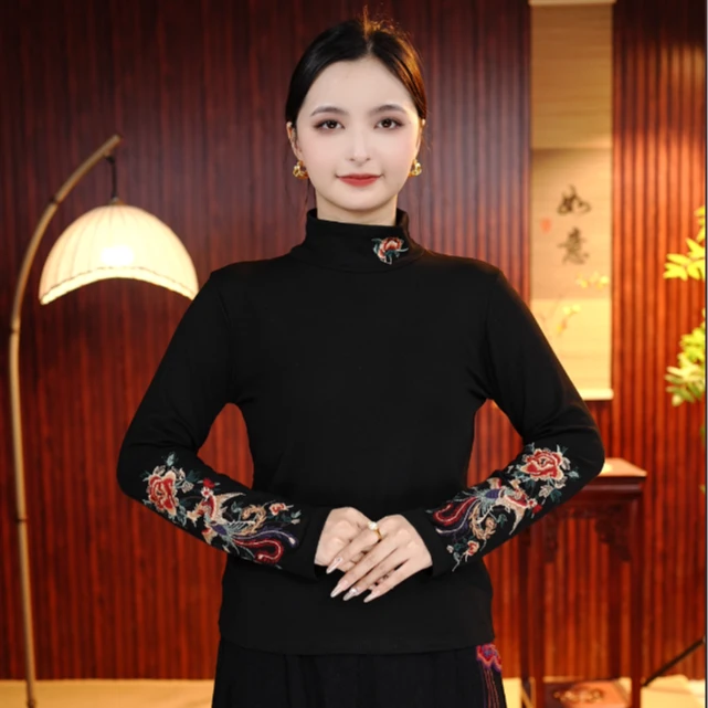 [玄凤]柒夫人高定火凤牡丹国风刺绣半高领打底衫