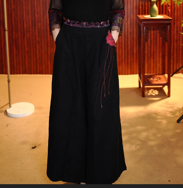 柒夫人高定文艺复古腰部刺绣加厚阔腿裤