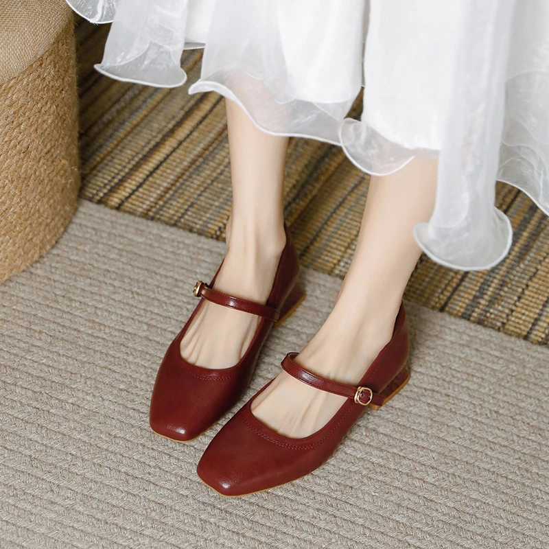 真皮2024年春季新款法式粗跟晚风单鞋圆头小红鞋浅口玛丽珍鞋女鞋