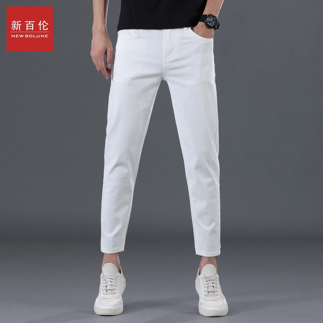 新百伦高档春秋新款纯白色弹力修身直筒男士牛仔裤九分男牛仔裤子